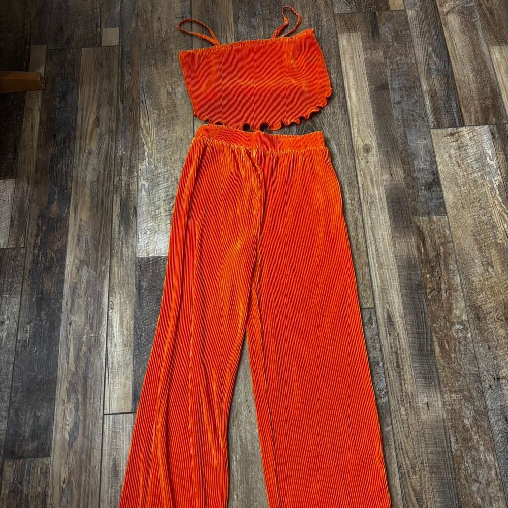 SHEIN 2 Piece Pleated Vacation Tank Top XSmall Women's Orange Jumpsuit CoOrd Set